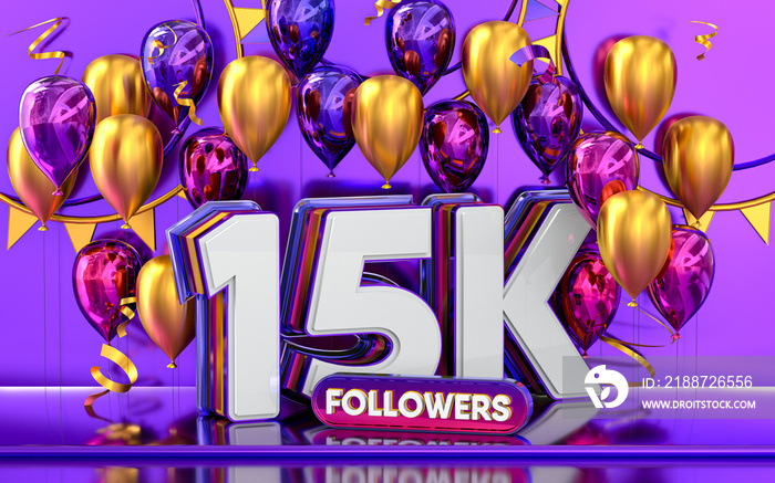 15k followers celebration, thank you social media banner with purple and gold balloon 3d rendering