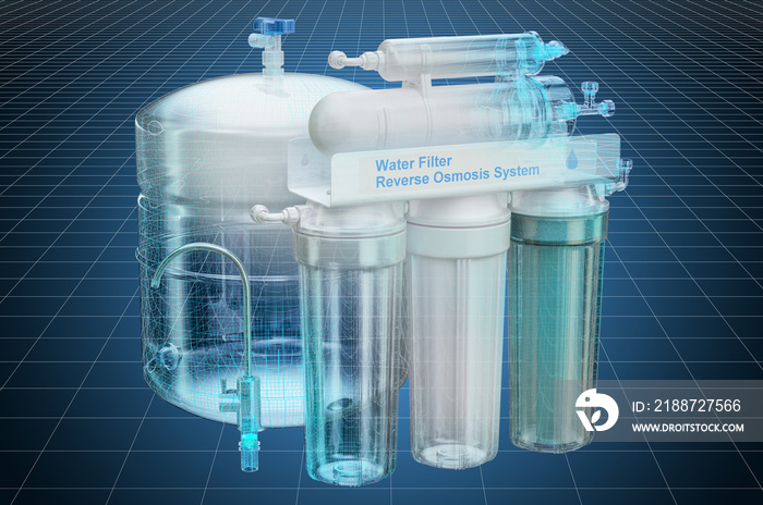 Visualization 3d cad model of Reverse Osmosis System, blueprint. 3D rendering