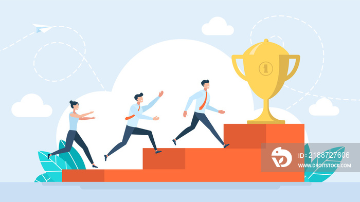 Team running to the top. Business people running upstairs towards the goal. Motivation to achieve goal, reward or prize to motivate employee to succeed in work. Winning concept. Business illustration