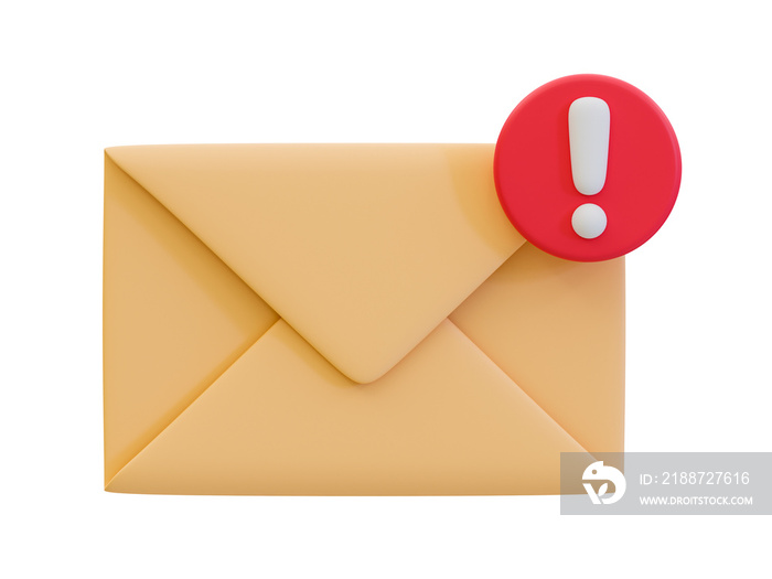 3d minimal spam mail. scam message. phishing concept. mail icon with a red exclamation mark. 3d illustration.