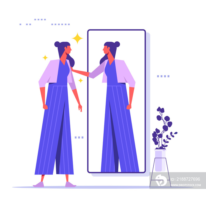 Self esteem or self care, believe in yourself improving confident, respect in your strong attitude concept, frustrated businesswoman looking at mirror with his shadow encourage her confidence