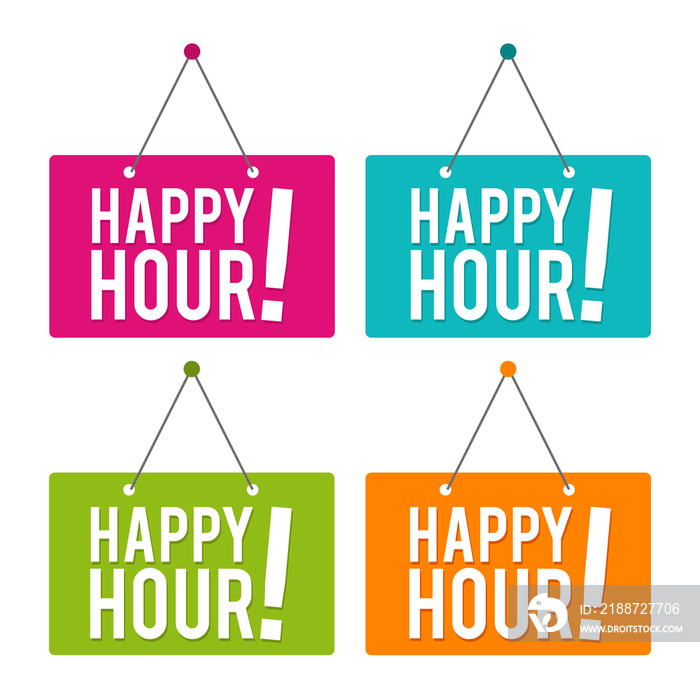 Happy hour hanging Door Sign on white Background.