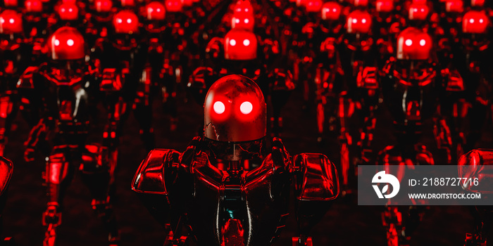 Spooky robots with glowing red neon eyes. Robots have turned against humans. 3d render