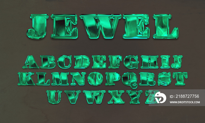 Luxurious jewel font design, green alphabet letter set with 3D rendering and glossy texture, gemstone or emerald abc, bold typeface, creative uppercase typography for poster, banner, invitation