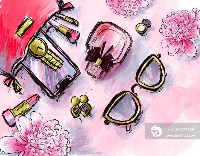 Things from open lady purse: smartphone, perfume, Sunglasses, lipstick, wrist watch, earrings, ring