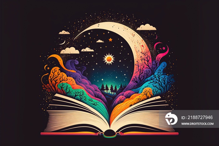 illustration, magical and multicolored open book, fantasy, 3D illustration