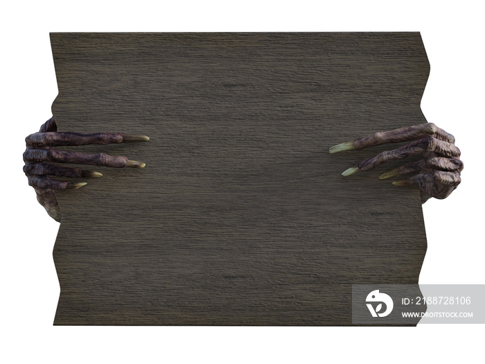 3D rendering of monster hands holding blank wooden sign.