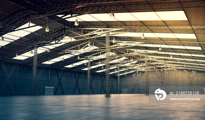 Empty warehouse with roof windows and several pillars - 3D illustration