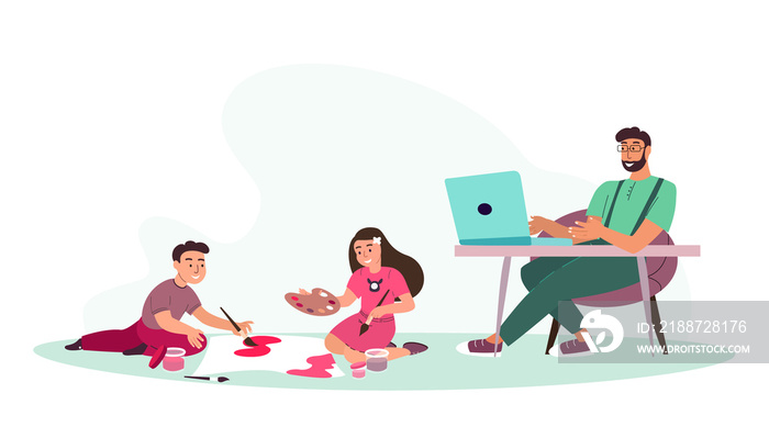 Working with Laptop Busy father in decree and painting children,daughter and son. Father spend time with children even Working. Family together. Alone Dad. Cartoon People Vector Illustration