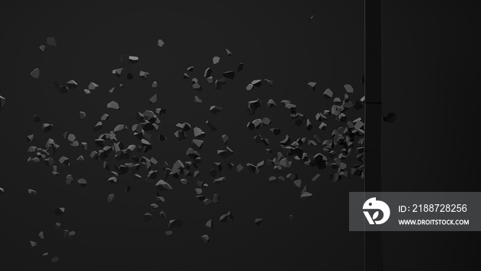 Abstract composition of cracked surface. A bullet or stone pierces a black square on a black gray background. Animated cgi background with a broken shape and flying small particles. 3d rendering