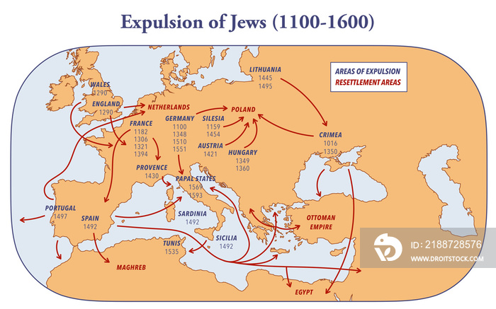 Map showing the expulsion of Jews and their resettlement between 1100 and 1600