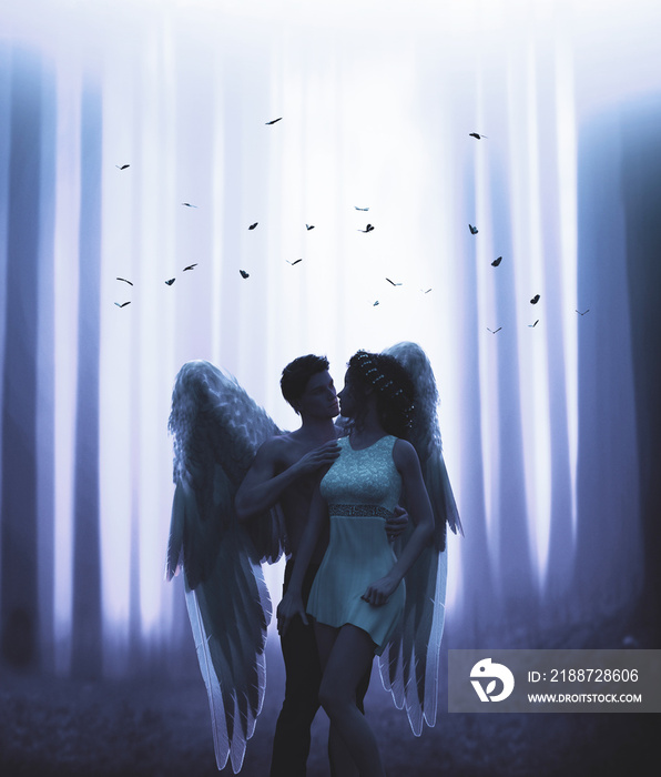 An angel and the woman in mystic forest,3d illustration