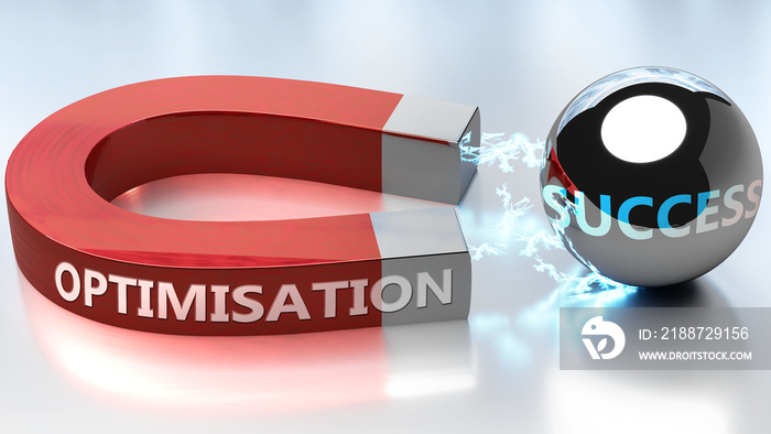 Optimisation helps achieving success - pictured as word Optimisation and a magnet, to symbolize that Optimisation attracts success in life and business, 3d illustration