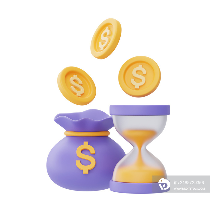 Time value of money concept with hourglass and coin bag,time management,long term investment,payment deadline,3d rendering.