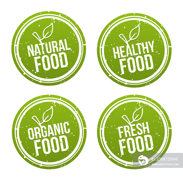 Set of natural Food Badges. Healthy, Organic, Fresh Food. Hand drawn Signs. Can be used for packaging Design.