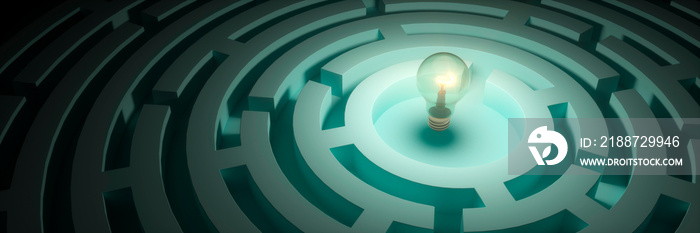 Bright light bulb showing the end to a problem concept in a large maze 3d render