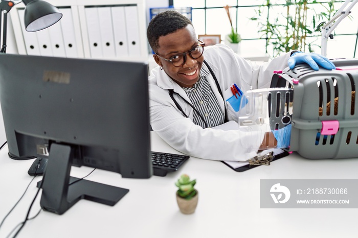 Young african man working as veterinarian at medical clinic