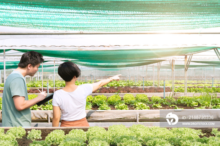 Young Asian farmers using water management technology in the greenhouse to take their farming more sustainable and eco-friendly. Fair trade, local suppliers, Entrepreneur, Safety foods, Organic.