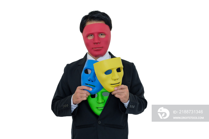 Businessmen wear red mask and hide many masks in suit.