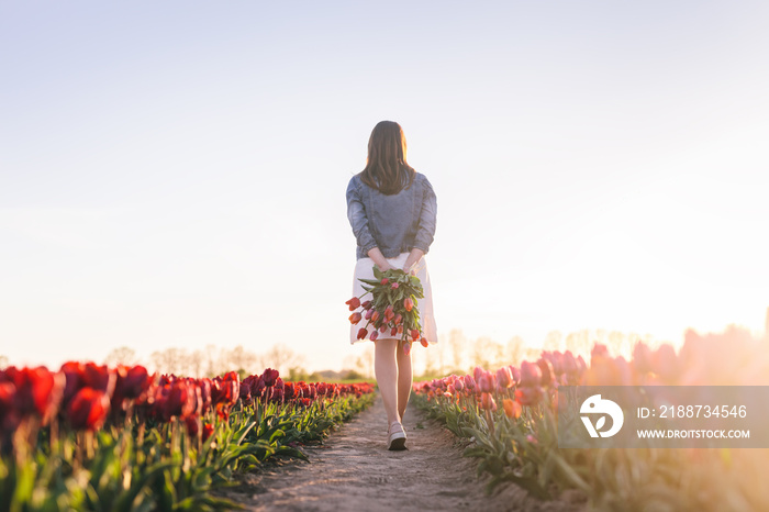 Woman with flowers bouquet on tulip field in spring.