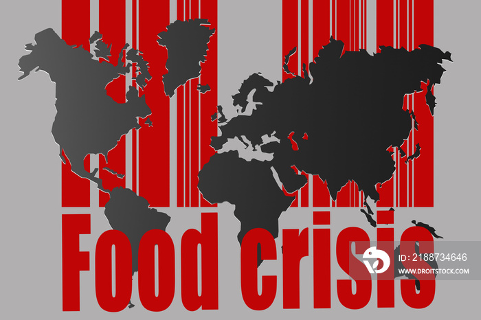 Product crisis. Humanitarian catastrophe. Poverty problems. Concept of need to help hungry. Food crisis logo. Food crisis text in front of world map. Food Crisis Disasters. 3d rendering.