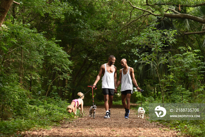 USA, Louisiana, Gay couple with dogs walking in park