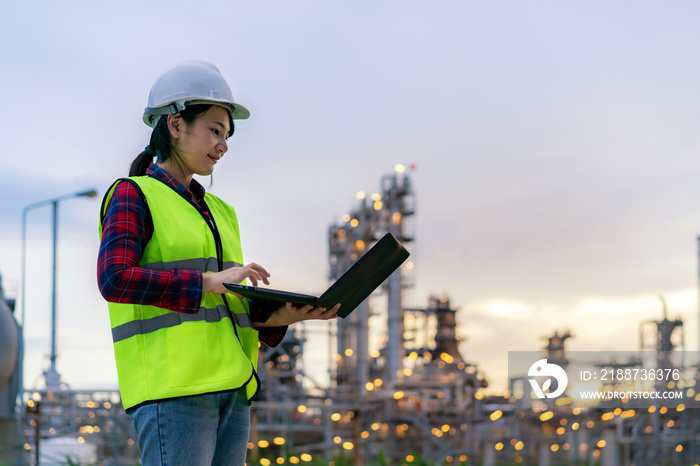 Asian woman petrochemical engineer working at night with notebook Inside oil and gas refinery plant industry factory at night for inspector safety quality control.