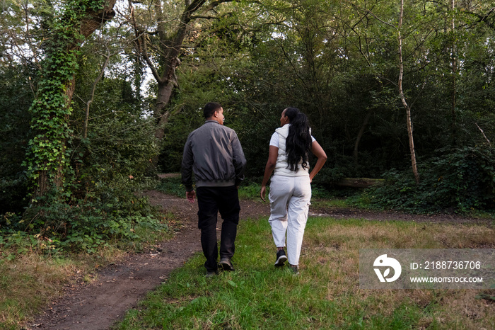 Rear view of couple walking in landscape