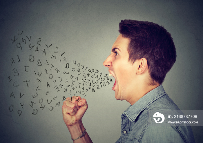 angry man screaming with alphabet letters flying out of wide open mouth