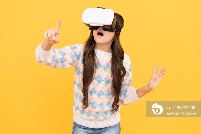 amazed teen girl wear vr glasses using technology for education in virtual reality, virtual world.