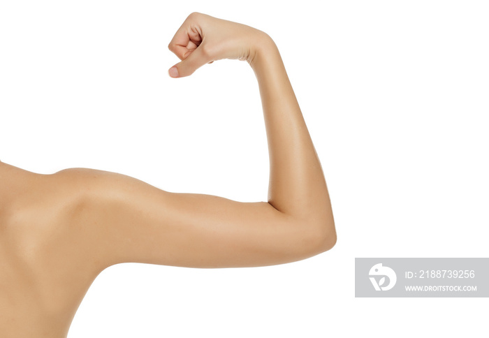 woman showing her srtong hand on white background