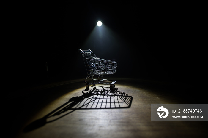 Empty shopping trolley on dark toned foggy background with some copy space. Financial crisis concept.