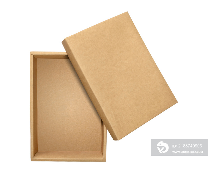 Cardboard box with brown lid isolated on transparent background. Lid open box. Packaging box