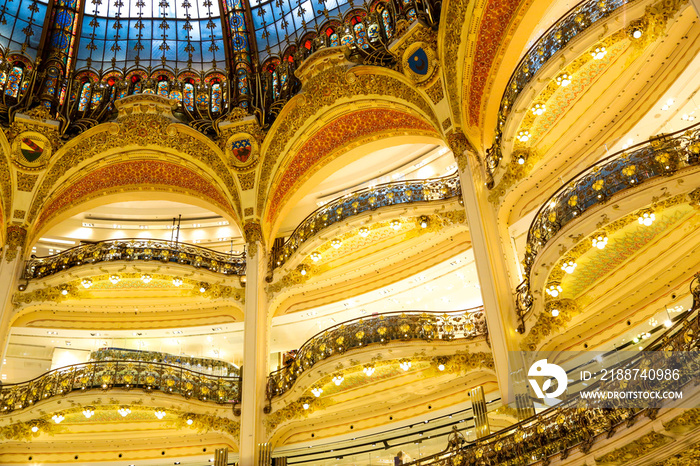 Galerie Lafayette, interiors, Paris: beauty shops and branded windows in the most famous store in the city center of Paris