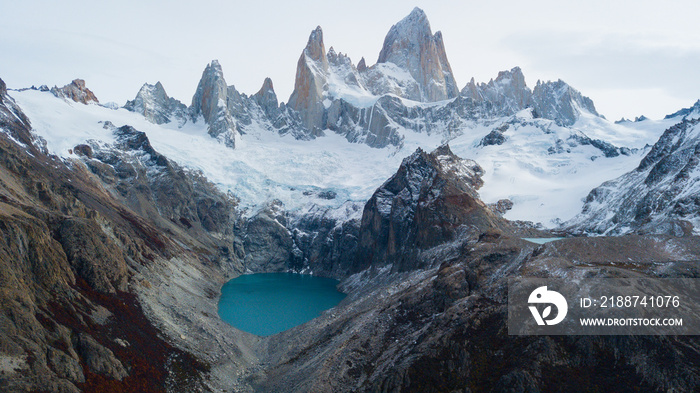 Aerial view of the mountains and Fitz Roy Peak in Los Glaciares National Park. Argentina Autumn