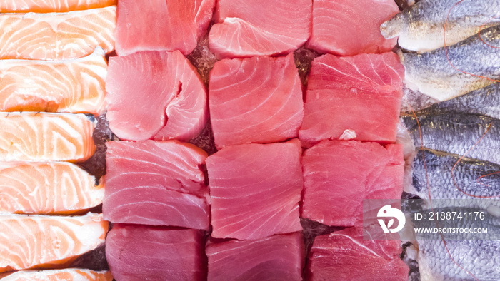 Close-up of meat of tuna, salmon, herring. Fish meat texture