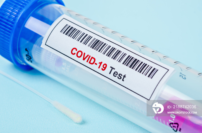 Tube containing nasopharyngeal swab for coronavirus or COVID-19 test.