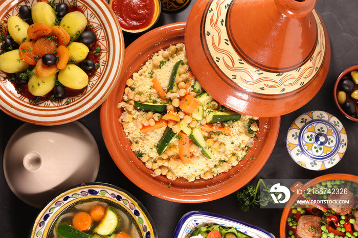 assorted of moroccan dishes- couscous, tagine, meatball