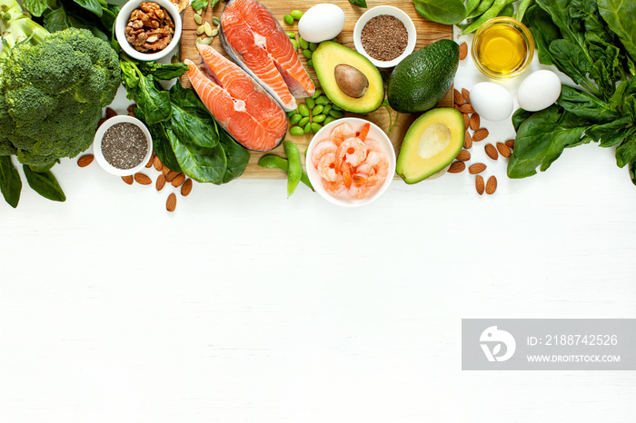 Omega 3 natural food sources concept, top down view