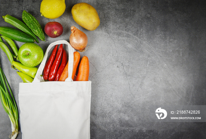 Fresh vegetables and fruit organic in eco cotton fabric bags on table tote canvas cloth bag from market free plastic shopping - Zero waste use less plastic concept