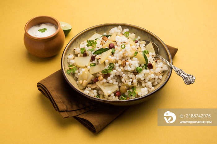 Tasty Sabudana khichadi / khichdi is an Indian dish made from soaked sago or tapioca pearls