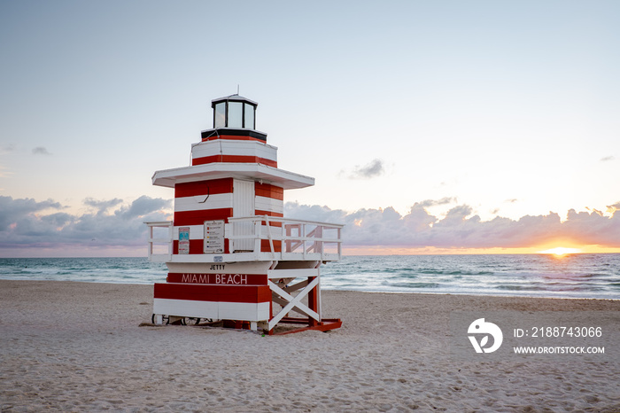 Miami south beach, colorful beach with lifeguard hut during sunrise at Miami Florida