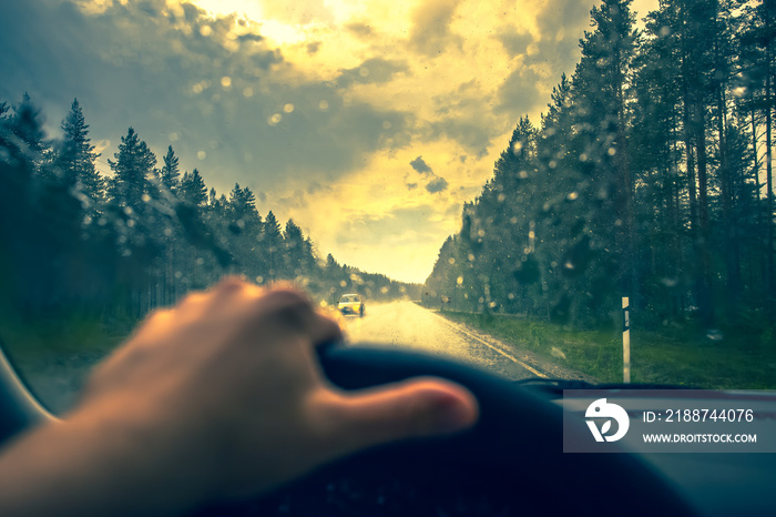 View from the car’s cab at rain. Photo from Finland.