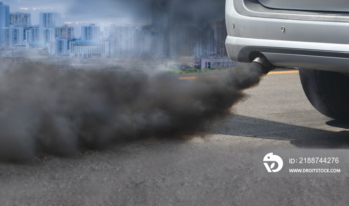 air pollution crisis in city from diesel vehicle exhaust pipe on road