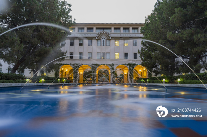 Night view of the Beckman Institute in Caltech