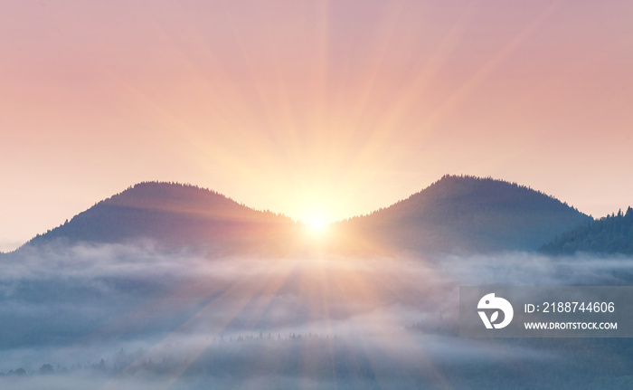 Majestic sunset in the mountains landscape. Carpathian mountins, Ukraine.