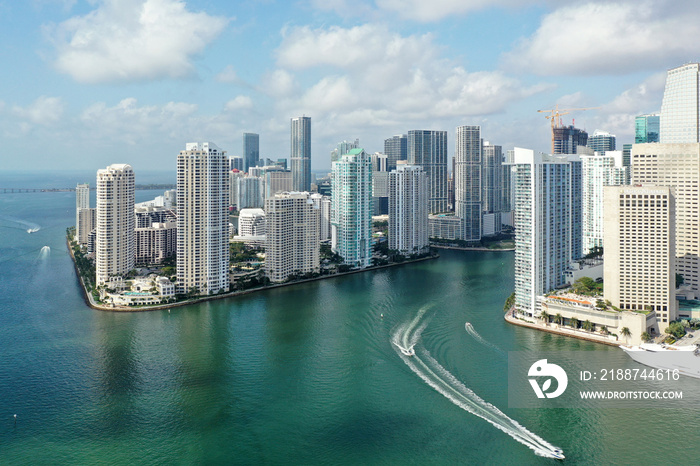 Aerial view of entrance to Miami River and surrounding buildings in Miami.