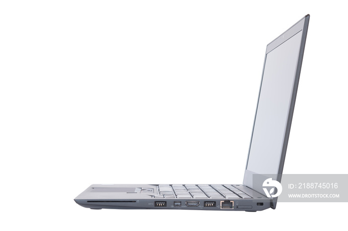 Side view of black laptop with black screen isolated on white background