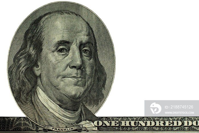 A portrait of Franklin with a 100 dollar bill. Isolate on white background. Blank template of Franklin portrait.