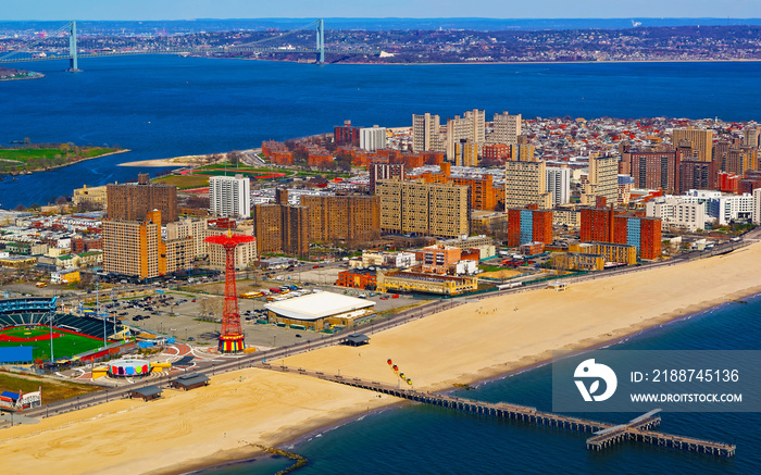 Helicopter view on Brighton Beach. Skyline with Skyscrapers in Manhattan Area, New York City, America USA. American architecture building. NYC. Cityscape. Hudson, East River NY